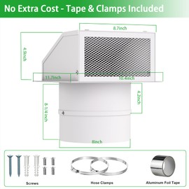 8 Inch Galvanized Steel Hooded Wall Vent Cover with Screen & Damper - Outdoor Exhaust Vent Cap for Dryer, Bathroom Fan, Range Hood, HVAC Duct - Includes Aluminum Foil Tape & Clamps