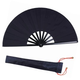 Cyrank Large Folding Fan, Nylon Black Cloth Handheld Fan Foldable Fan for Chinese Tai Chi, Women Dance Performance, Decorations, Festival