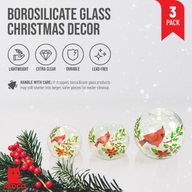 Red Co. Set of 3 (6”, 5”, 4”) Clear Glass Light-Up Decorative Tabletop Christmas Ball Figurine with LED Lights, Cardinal Bird