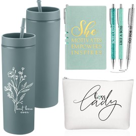 Funnymoom 6 Pcs Boss Appreciation Gift Set for Lady Women Best Boss Ever Gift 16 oz Plastic Tumbler Makeup Bag A6 Notepad and Pens Set for Female Birthday Office Present