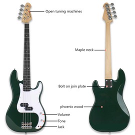 Demusea 4 String Electric Bass Guitar Full-Size Beginner Practice with P Pickup Maple Neck Phoenix Wood Body Glossy Green Color Finished