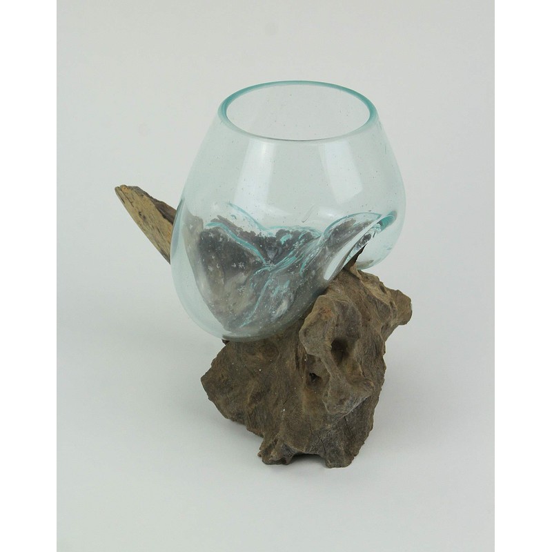 Things2Die4 Blown Molten Glass On Teak Driftwood Decorative Bowl/Mini Terrarium