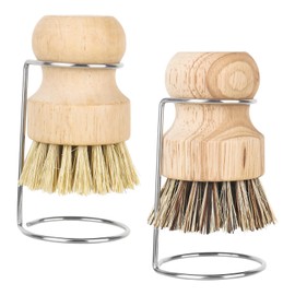 XTDMJ Pack of 2 Bamboo Palm Brush with 2 Drain Racks, wooden washing up brush Scrub Brush for Dish Pots Pans Kitchen Sink Cleaning for Washing Dishes, Pots, Pans & Sink