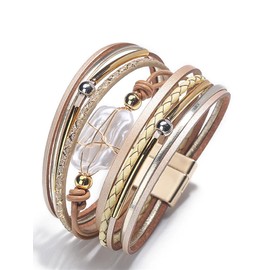 Leather Cuff Bracelets for Women Faux Pearl Multilayer Wrap Bracelet with Clasp Bohemian Beaded Wristband Jewelry Gift