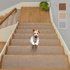 GROWLING Linen Stair Treads for Wooden Steps Indoor 30x8 inch, 15pcs Upgraded Self Adhesive Backing Non Slip Stair Carpets, Peel and Stick Stair Runner Rugs, Reusable Staircase Step Treads(Beige)