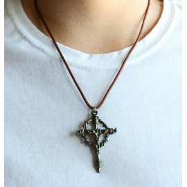 Crucifix Crown of Thorns Handmade Pendant Brown Paracord Necklace Catholic Mercy