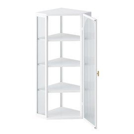 Tzou Bathroom Storage Corner Vanity Cabinet, Ribbed Glass Door 4 Internal Storage Racks, Space-Saving Storage Rack for Kitchen, Living Room, Bedroom White