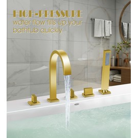 Roman Bathtub Faucet Set with Handheld Sprayer and Rough-in Valve Widespread Deck Mount 5 Hole Classic High Arch Tub Faucets Trim Kit 3 Handle with Diverter Lever Bath Tub Filler (Brushed gold)