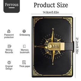 Regerly Diary with Lock, 1 Piece Notebook with Lock, A5 PU Leather Travel Diary with Code, 200 Pages Diary with Code, Vintage Reading Journal for Women and Men (Black)