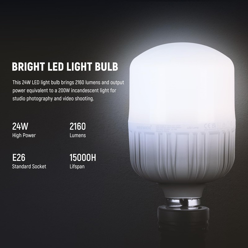 Neewer E26 24W LED Light Bulbs, 2 Packs, 2160 Lumens/5700K/CRI