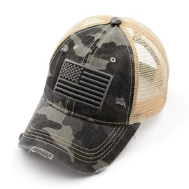 Distressed Trucker Hat - Black Camo w/Flag