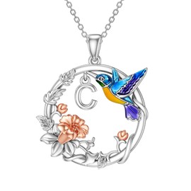 LONAGO Hummingbird Necklace with C Letter, Hummingbird Pendant Necklaces Sterling Silver A-Z 26 Initials Alphabet Necklace Gift for Women (C)