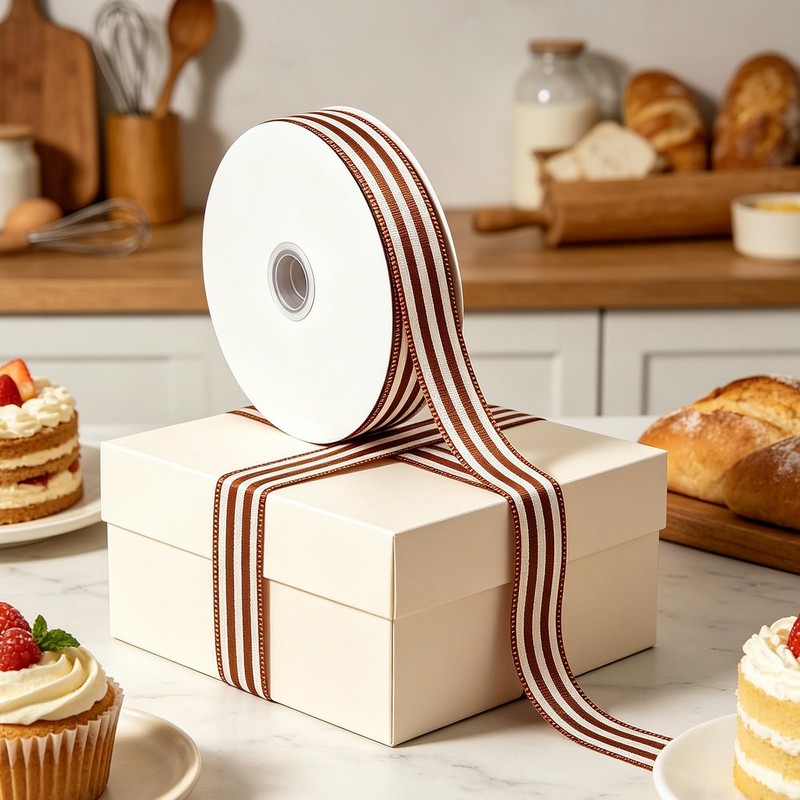 Striped Wired Ribbon 1" x 20 Yards Brown White Gift