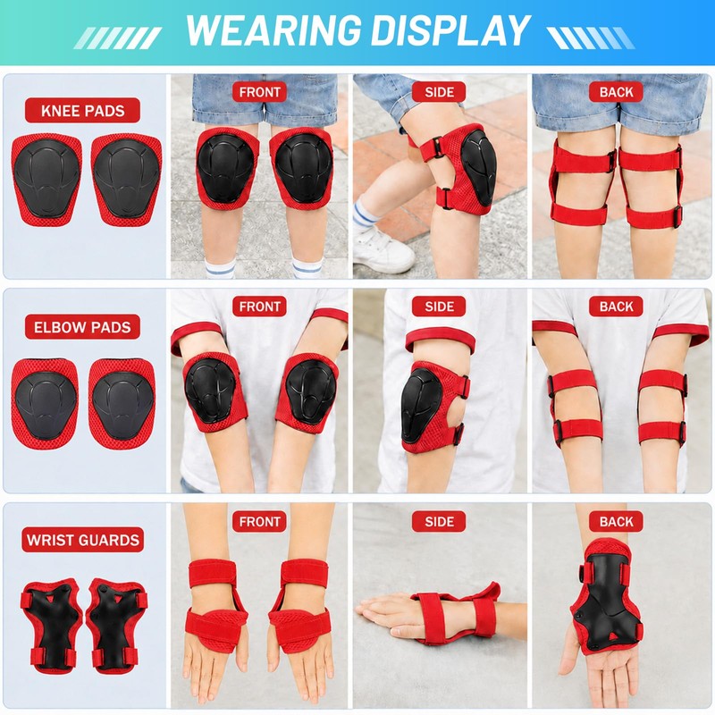 Lafefe 6PCS Red Kids Protective Gear Set Knee Elbow Wrist