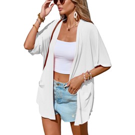 Famulily Women's Short Sleeve White Cardigans with Pocket 2025 Summer Cooler Kimono Cover up Plus Size (L, White)