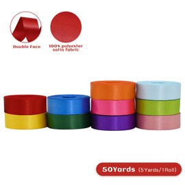 Rilisili Double Face 10 Colors Satin Ribbon 3/8 Inch X 5 Yard Total 50 Yards Rainbow Ribbon Set Multicolor Fabric Ribbon Perfect for Flower Bouquet Gift Wrapping Hair Bows & Other Craft Projects