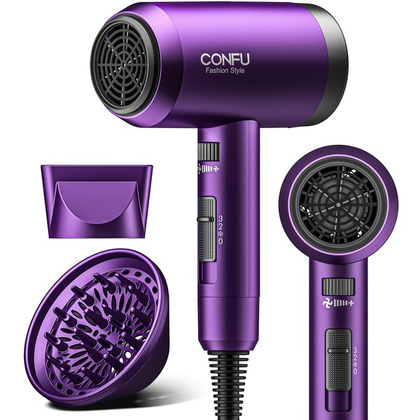 CONFU Hair Dryer with Diffuser,CONFU Ionic Blow Dryer 1600W,Portable Lightweight