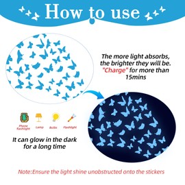 Sondeng Glow in The Dark Butterfly Wall Decals, Glowing Blue Butterfly Wall Stickers, 4 Sheets of Irregular Shaped Glossy Vinyl Stickers for Kids Bedroom, Living Room Wall Decor