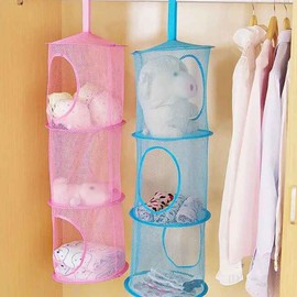 2 Pcs Toy Storage Hanging Mesh 3 Compartment Organizer Net Stuffed Animal Hammock Foldable Organizing Baskets Clothes Hanger Organizer Bag for Room Bathroom Closet Green