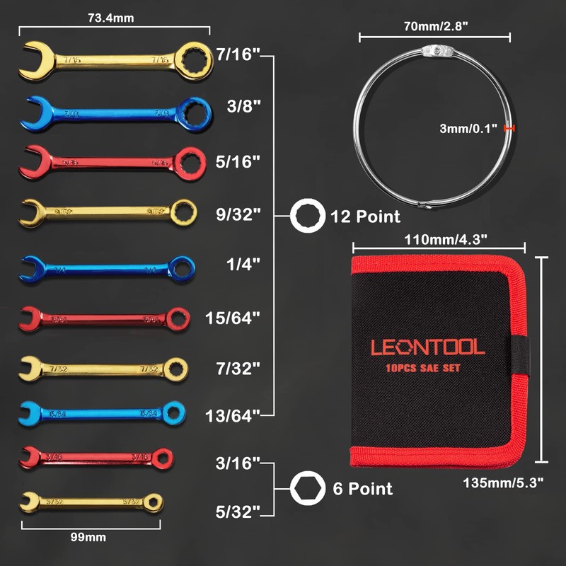 LEONTOOL Mini Spanner Set, Thin, Short Combination Wrench Set, Ultra