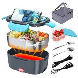 CHARMDOO Electric Lunch Box, Food Warmer Heater 12V 24V 110V, 80W Faster Heated Lunch Box for Car/Truck/Home Portable Heating Boxes with 1.5L 304 SS Container Fork & Spoon