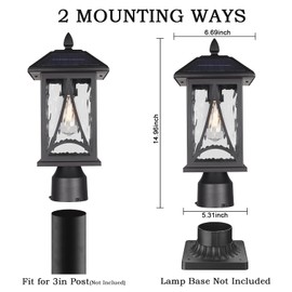 Solar Outdoor Post Light, Black Waterproof Pillar Lantern with Water Ripple Glass, LED Solar Powered Lamp for Patio, Garden, Pathway, Porch, and Garage (Bulb Included) SR016-P