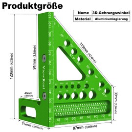 3D Mitre Angle Multifunctional 22.5-90 Angle Measure Aluminium Alloy High Precision Layout Measuring Tool Scribing Tool Woodworking Measuring Tools for Carpenters, Engineers Green