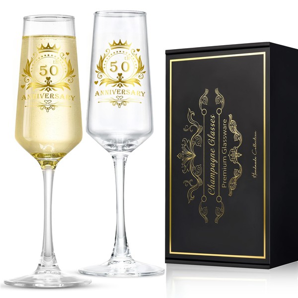 ROXBURGH 50th Wedding Anniversary Champagne Flutes Gifts Set of 2, 50th Anniversary Decorations 7 OZ Crystal Champagne Glasses, Wedding Gifts for Couples, Parents Anniversary