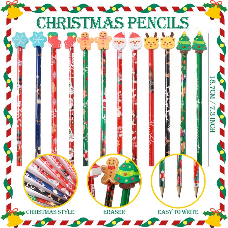 12 Pcs Christmas Pencils Bulk with Erasers, 12 Unique Xmas