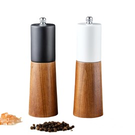 GCFTIFF Wooden Salt and Pepper Grinder Set,Crafted of Solid Acacia Wood with Ceramic Steel Core,Adjust for Customized Coarseness(2pcs white + black,6 inch)