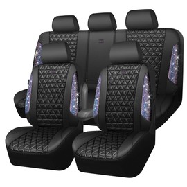 CAR PASS Bling Diamond Black Leather Car Seat Covers Full Set Interior Sets, Waterproof Shining Glitter Sparkly Crystal Armrest Fit Automotive Truck SUV Cute Women Girl, Bedazzed Iridescent Rhinestone