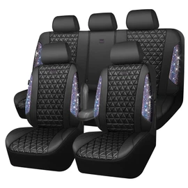 CAR PASS Bling Diamond Black Leather Car Seat Covers Full Set Interior Sets, Waterproof Shining Glitter Sparkly Crystal Armrest Fit Automotive Truck SUV Cute Women Girl, Bedazzed Iridescent Rhinestone