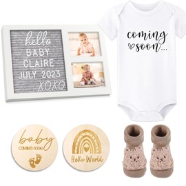 Felt Letter Board Baby Keepsake - Baby Picture Frame, Announcement Message Felt Board & Letterboard Letters, Gender Reveal Gifts, Baby Onesie, Booties, Wooden Sign