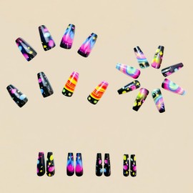 Black Press on Nails Medium Coffin Fake Nails Starlit Sky Stick on Nails Colorful Glue on Nails Glossy Full Cover Acrylic False Nails Cute Artificial Nails Reusable Nails Kit for Women Girl 24Pcs