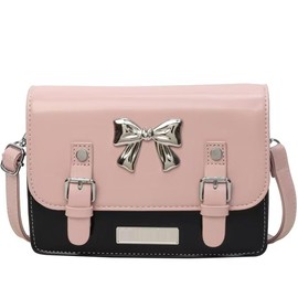 Crossbody Bag for Girls，Small Square Shoulder Bag with Bow Accent Handbags Cross Body Purses (Pink & Black)