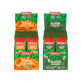 Emerald Nuts Combo (Variety Pack) Featuring Cashews & Jalapeno Seasoned Cashews | 24 Individually Wrapped Snack Pack Tubes | Kosher Certified, Non-GMO, Contains No Artificial Preservatives or Synthetic Colors