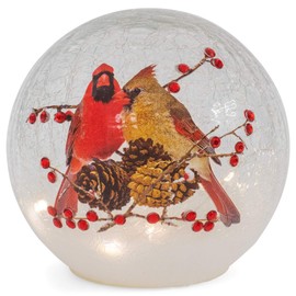Mark Feldstein & Associates Woodland Cardinal Pair Rosy Red 6 x 6 Crackle Glass LED Lighted Christmas Globe