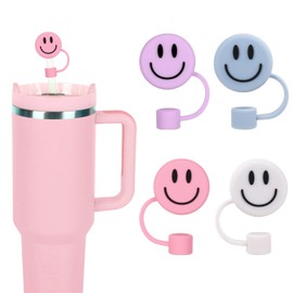 Whaline 4Pcs Smile Face Straw Cover Caps 0.4 Inch Pink White Blue Purple Silicone Reusable Round Straw Topper Double Sided Pattern Straw Tip Covers for 30 & 40 OZ Tumbler with Handle
