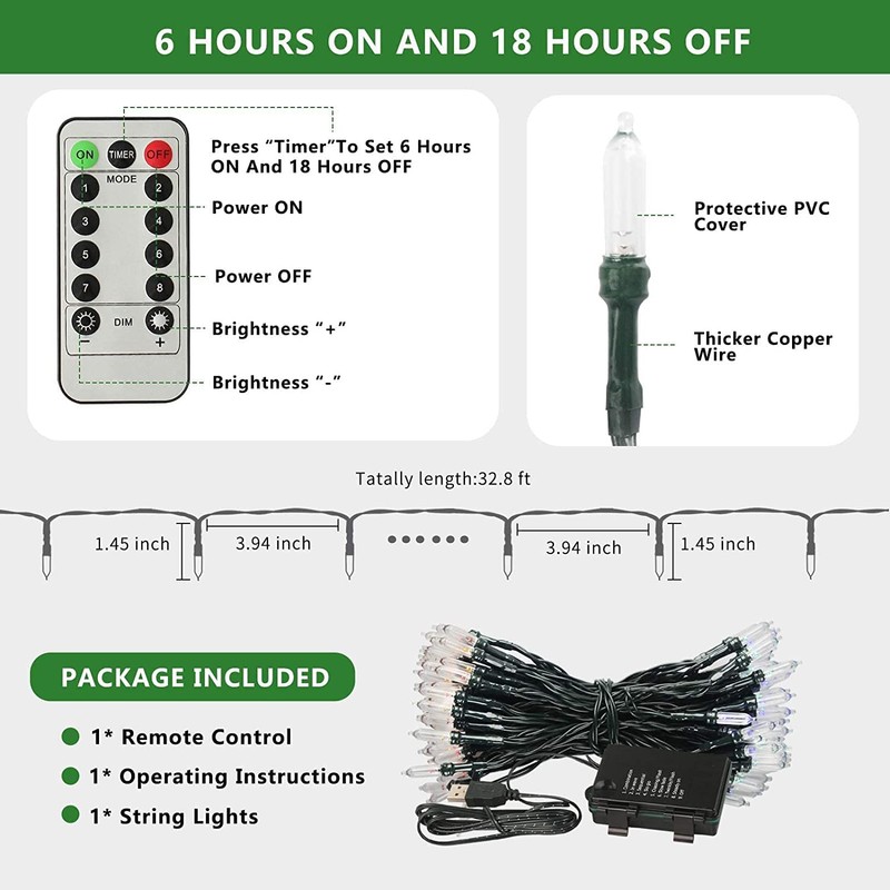 Tcamp 33ft 100LED Battery Operated Christmas Lights Outdoor Indoor, Battery