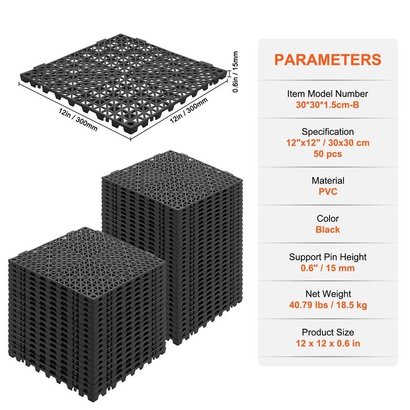 VEVOR Interlocking Tile 50PCS Black, Drainage Tiles 12" x 12"