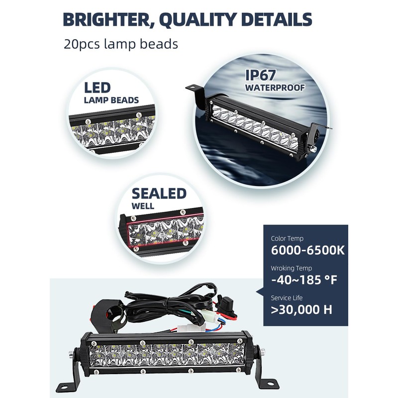 Dirt Bike Light Bar,60W 2500LM Motorcycle Headlight Light Bar Plug-Play