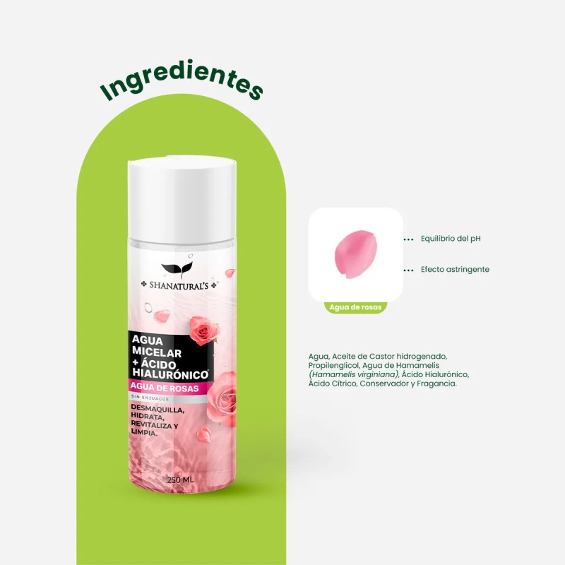 Agua Micelar + Ácido Hialurónico Agua De Rosas 250ml