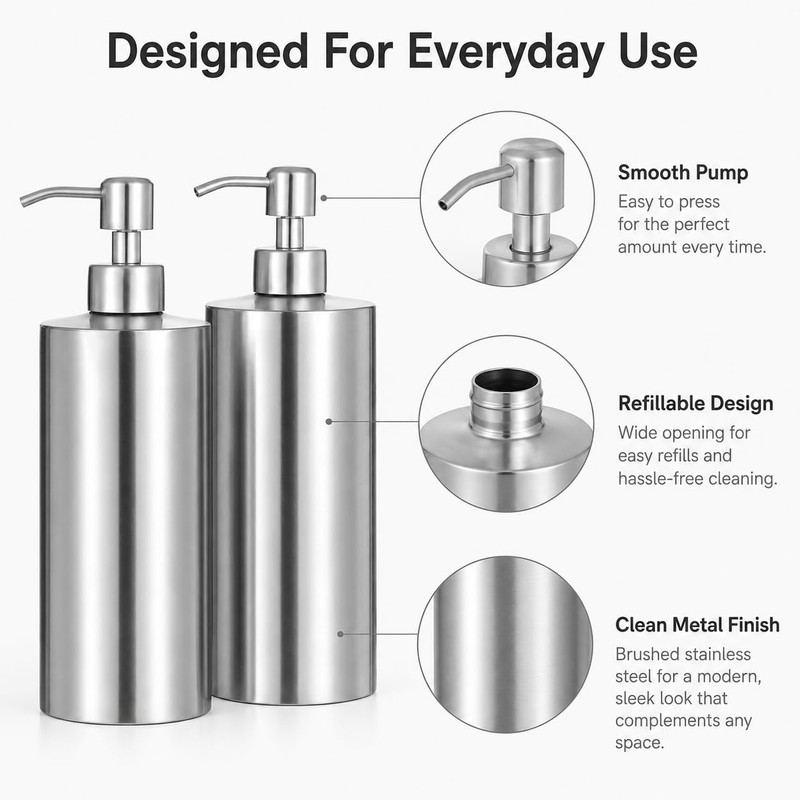 2 Pack Stainless Steel Soap Dispenser, 18.6 oz, Silver
