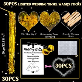 VEEKAY Wedding Wands with LED, Pack of 30 Illuminated Wedding Sticks, LED Ribbon Stick with Bell, Blessing Card, Magic Wands Wedding Streamers, Party Favours, Parties, for Weddings, Birthdays, Holiday