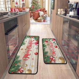 flippana 2 Pcs Christmas Kitchen Rugs and Mats for Floor Non-Slip Backing Mat Merry Christmas Kitchen Decor Anti Fatigue Kitchen Rug Sets with Runner Xmas Decor (Christmas 02, 17"x47.2"+17"x30")