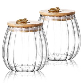 Ulable 2 Pack Glass Storage Jars Airtight Tea Coffee Sugar Canisters Kitchen Storage Containers with Bamboo Lid Metal Handle Pantry Decorative Food Storage Cans 700ml (2PCS Oval)