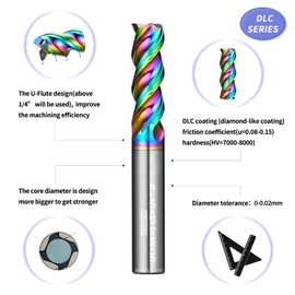 WEXWE Tools DLC Series Carbide Square End Mill, Diamond-Like Coating, End Mill for Aluminum, Copper, Magnesium Alloys, High Silicon Aluminum, Composite Materials,3 Flute,1/8 Shank(.125(1/8)", 5pcs)