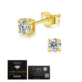 JANDY SHINE Moissanite Stud Earrings for Women Men 0.6CT D Color VVS1 Clarity Round Cut Lab Created Diamond 925 Sterling Silver 18K Gold Plated Jewelry (0.3ct*2)