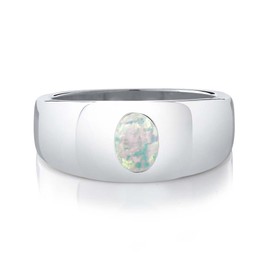 Gem Stone King Men's 925 Sterling Silver White Simulated Opal Ring | 1.00 Cttw | Oval Cabochon 8X6MM | Gemstone October Birthstone | Size 9