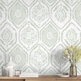 HeloHo 17.3" X 197" Peel and Stick Wallpaper Green Contact Paper Boho Wall Paper Modern Geometric Removable Self Adhesive Wallpapers for Bedroom Bathroom Cabinet Waterproof Decor Vinyl Rolls